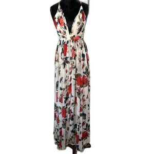 Luxxel Women's Floral Maxi Dress – Size Small Plunge V-Neck Boho Summer Gown